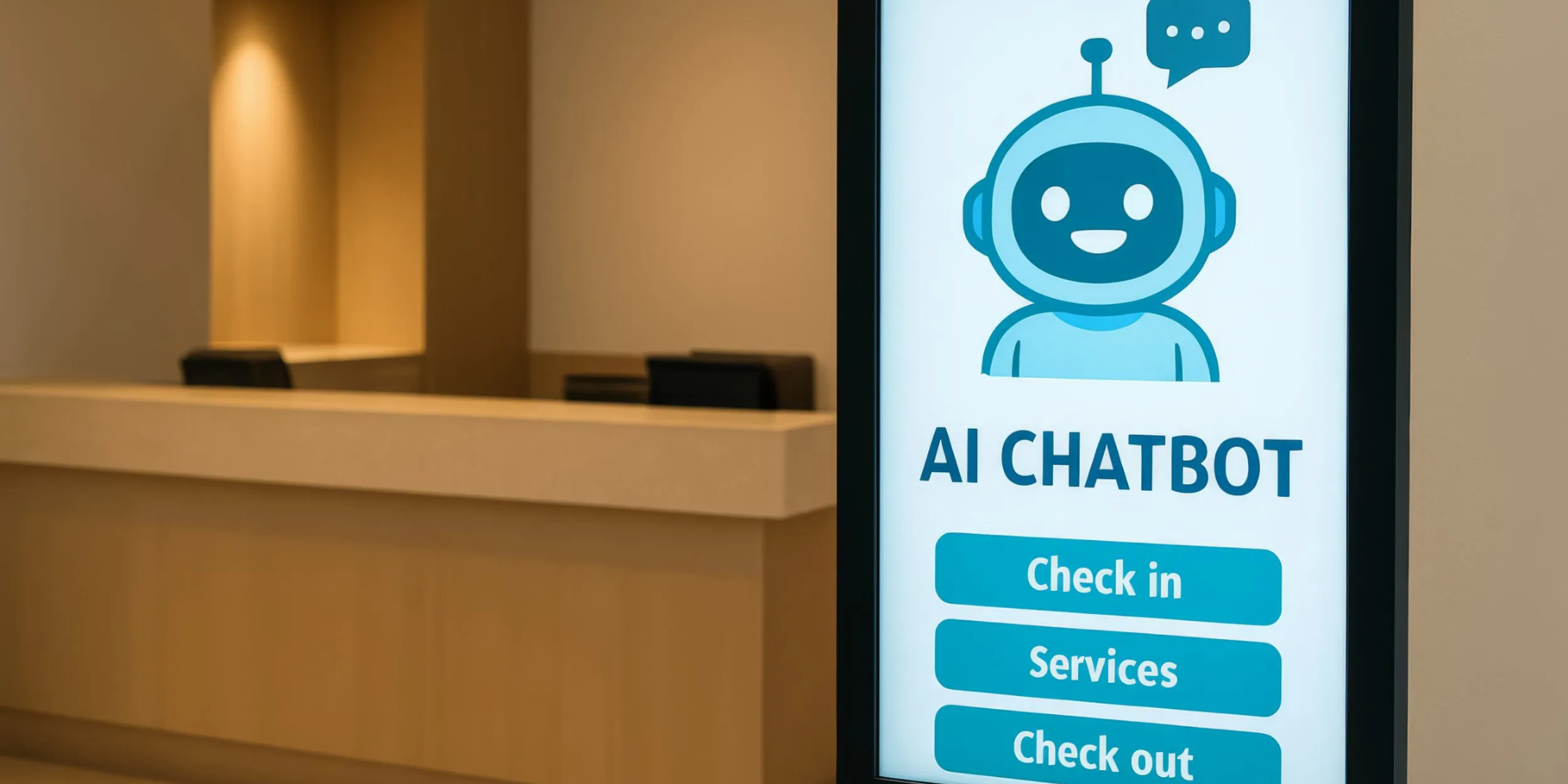 Borne interactive avec chatbot IA à la réception pour faciliter les services et l'organisation d'un hôtel petit déjeuner.